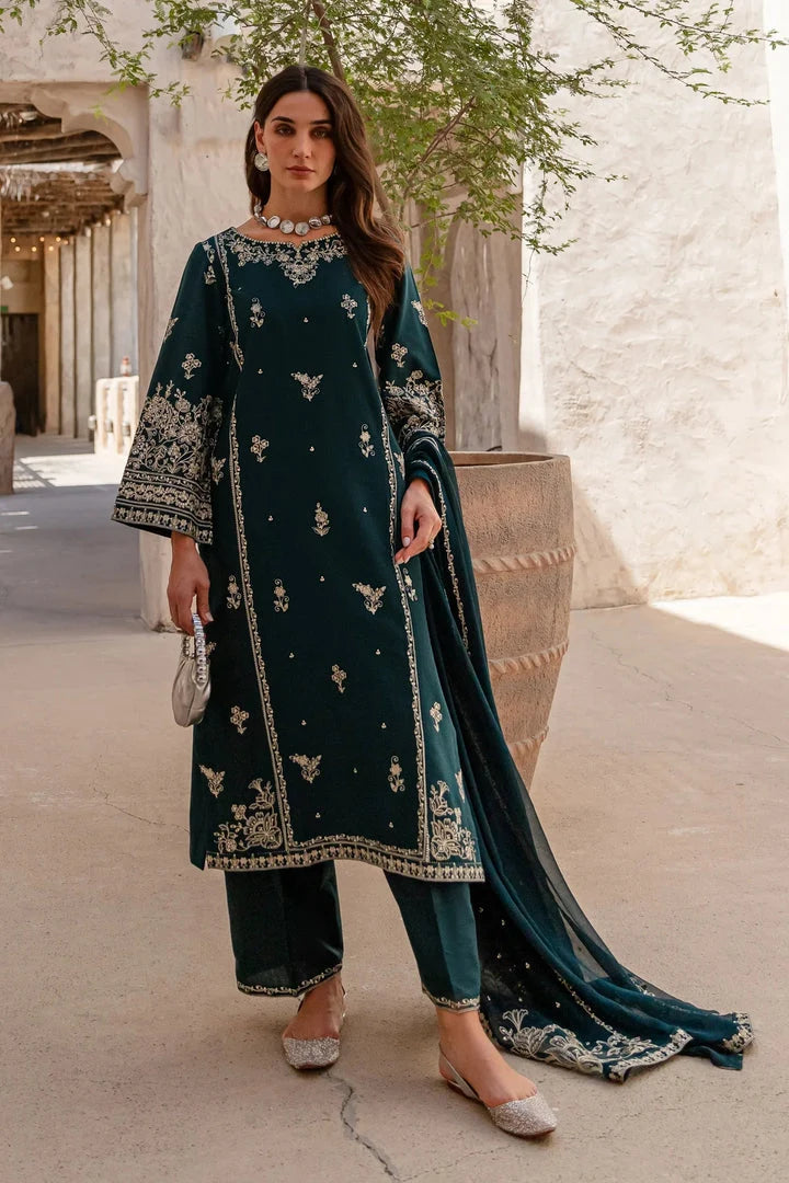 Gulposh by Misbah Embroidered 3-Piece Suit - Dark Teal Green