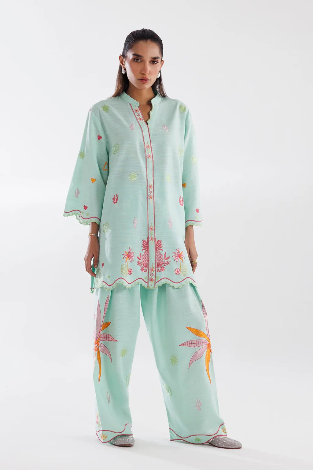 Sana Safinaz Embroidered 2-Piece Blended Lawn Suit – Mint Green & Coral