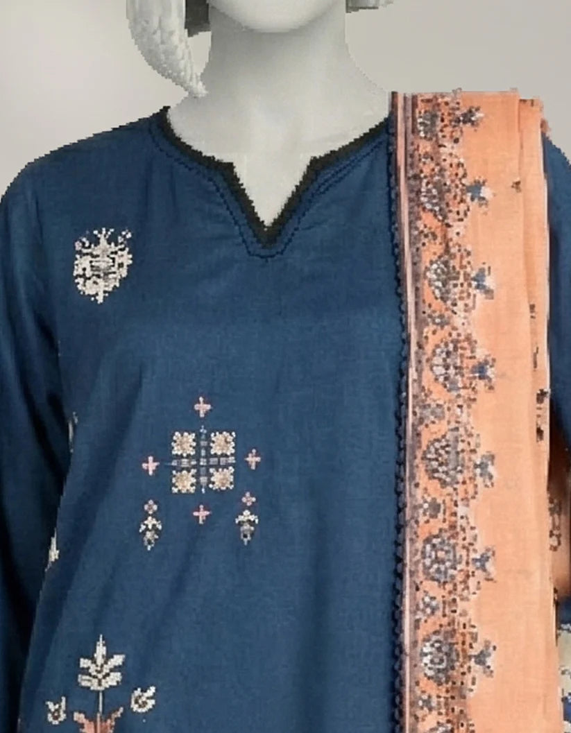 J. Lawn Embroidered Stitched 3-Piece Suit - Indigo Blue