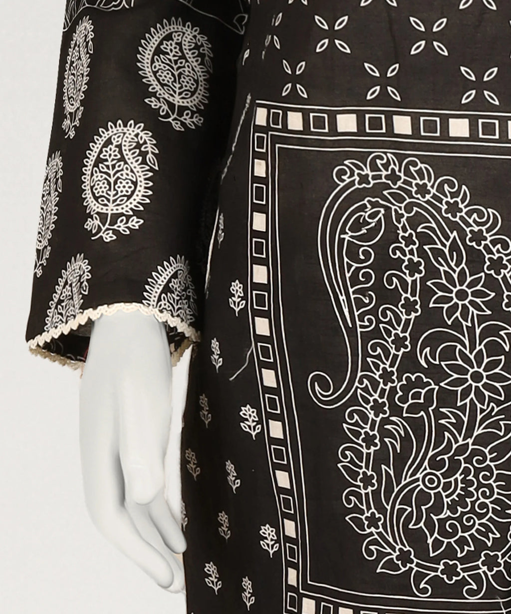J. Lawn Printed Stitched 3-Piece Suit - Charcoal Black