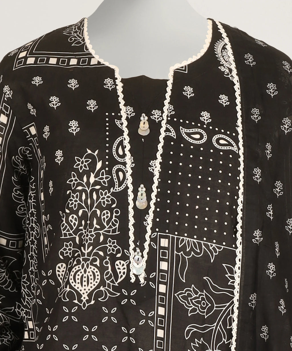 J. Lawn Printed Stitched 3-Piece Suit - Charcoal Black