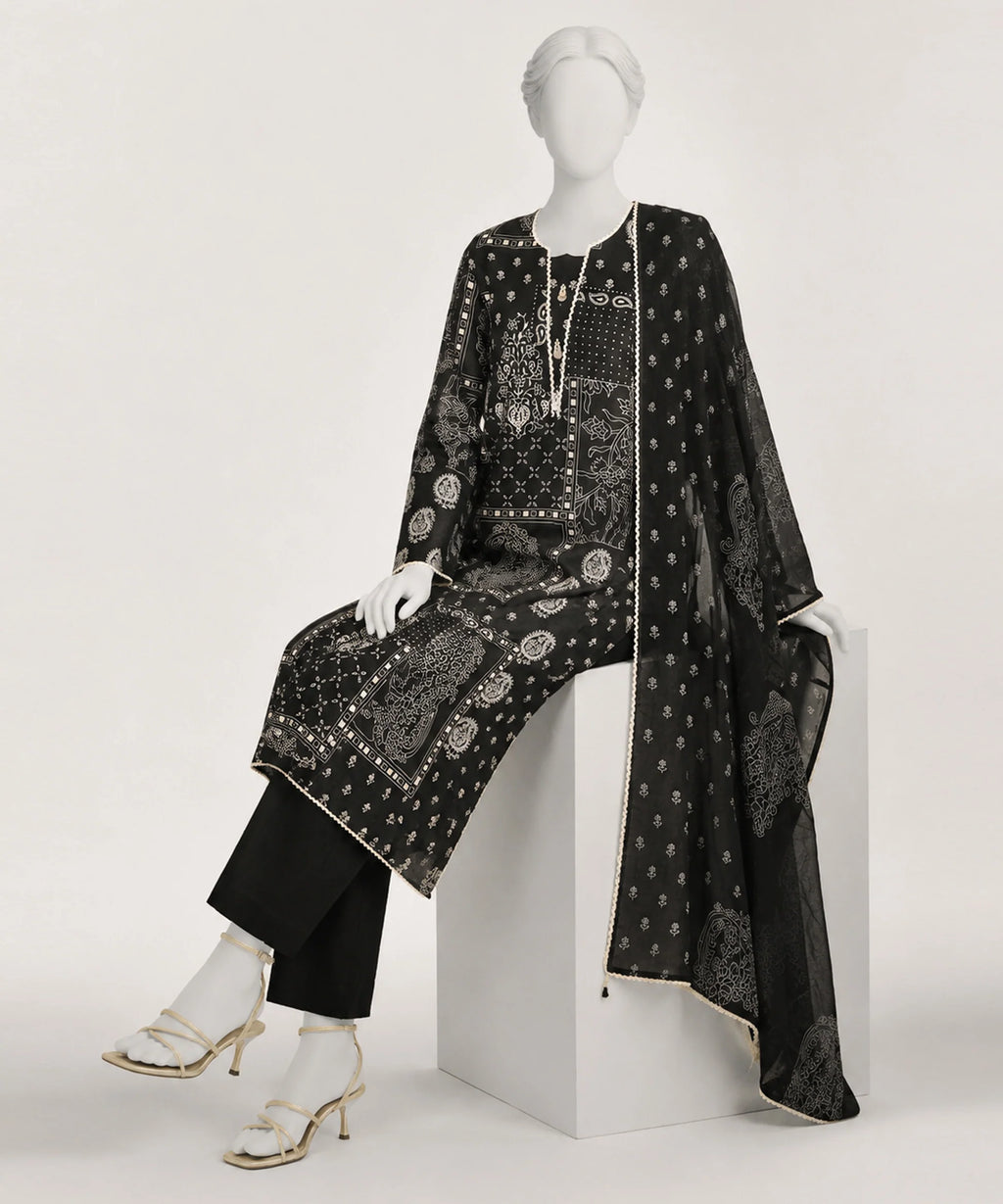 J. Lawn Printed Stitched 3-Piece Suit - Charcoal Black