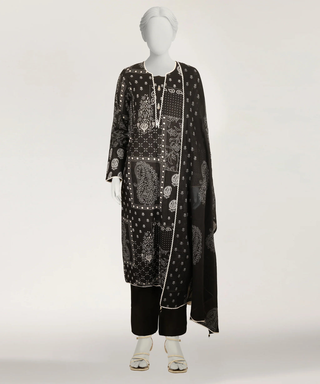 J. Lawn Printed Stitched 3-Piece Suit - Charcoal Black