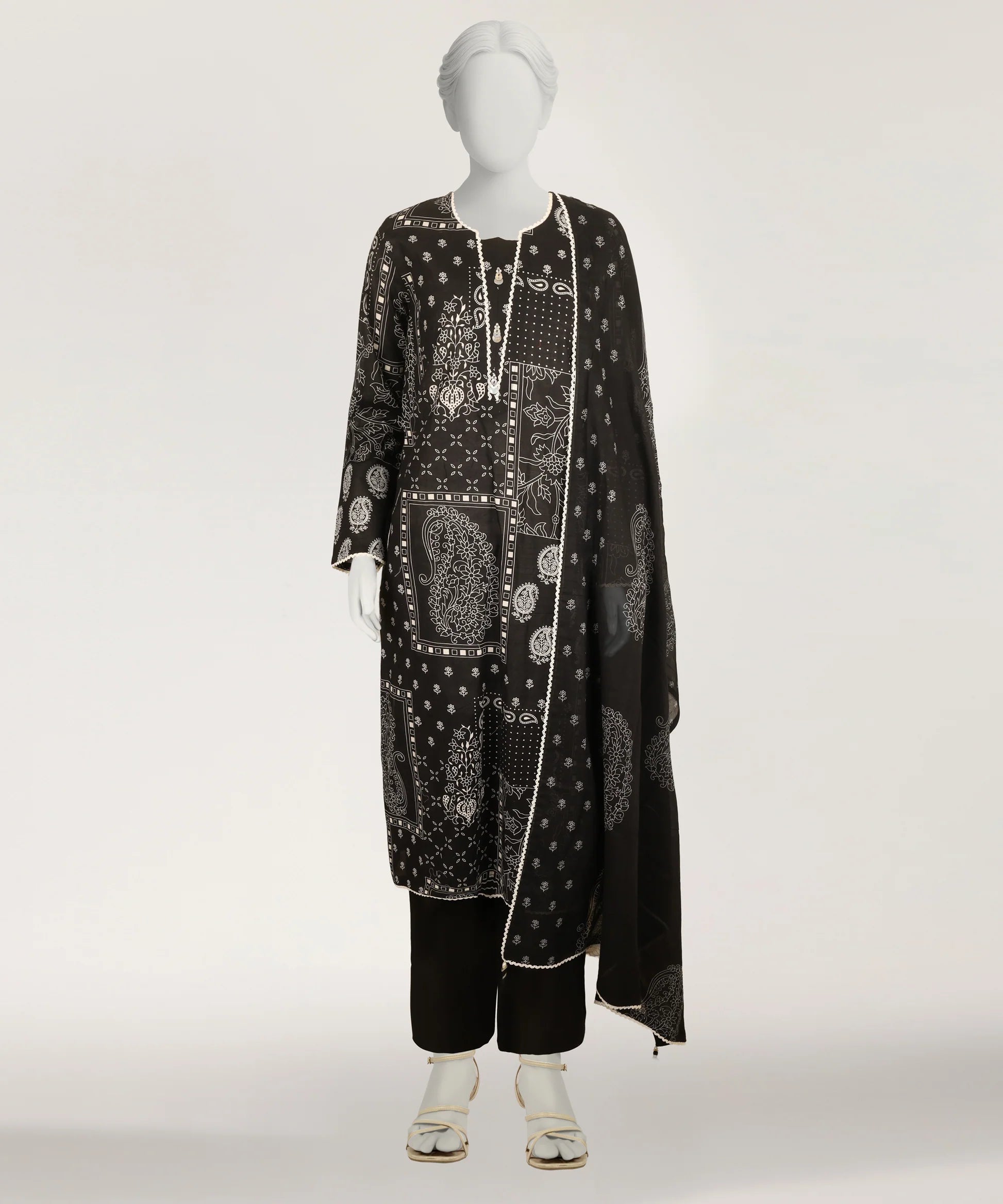 J. Lawn Printed Stitched 3-Piece Suit - Charcoal Black