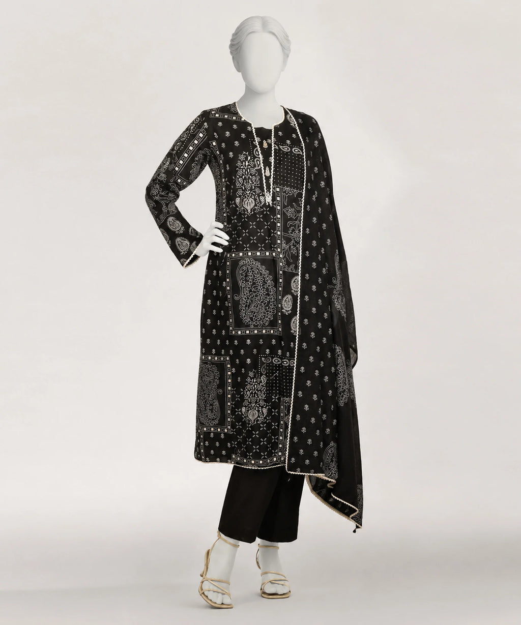 J. Lawn Printed Stitched 3-Piece Suit - Charcoal Black