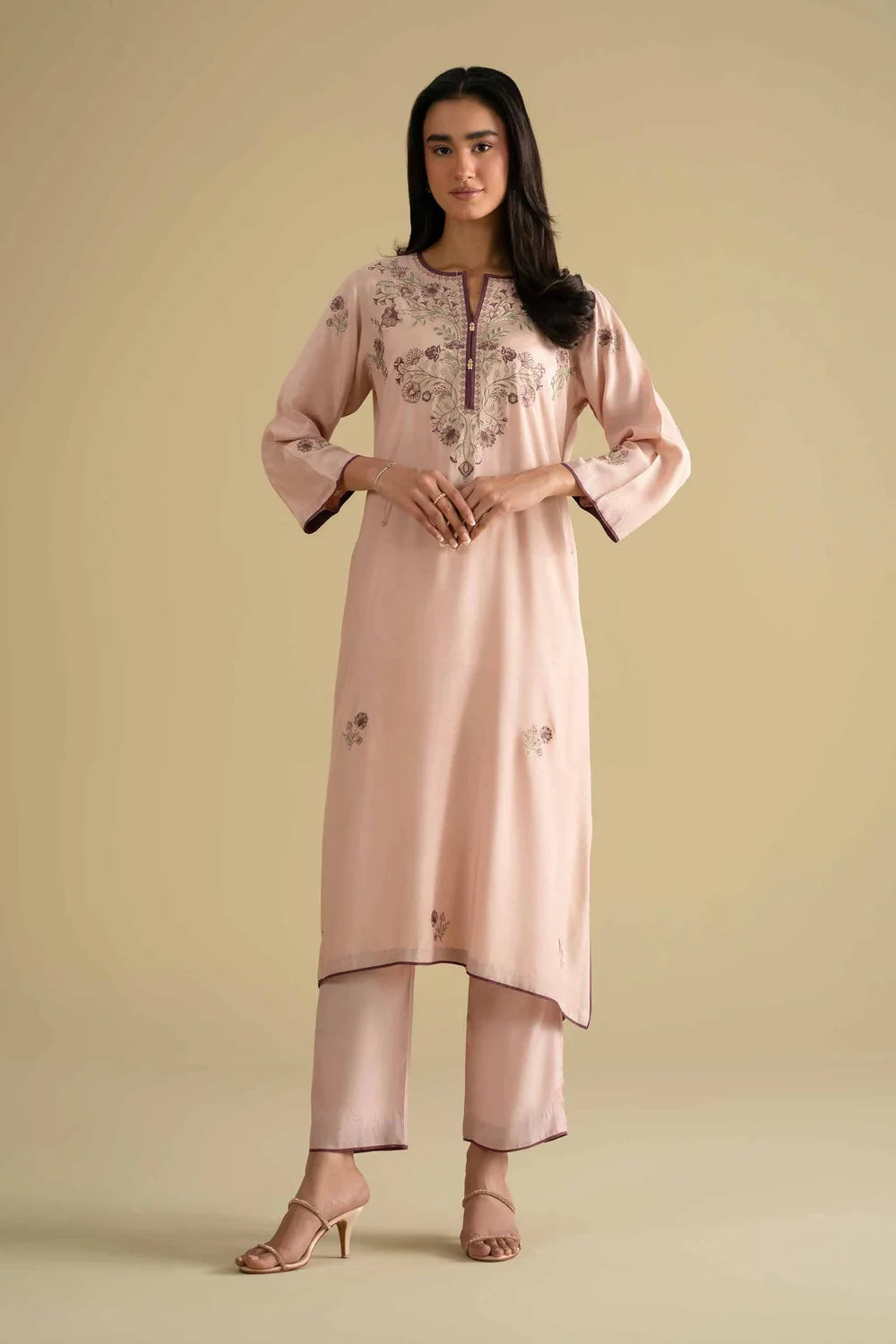 Nishat Linen 2-Piece Embroidered Tunic & Trousers Suit – Pastel Pink & Purple