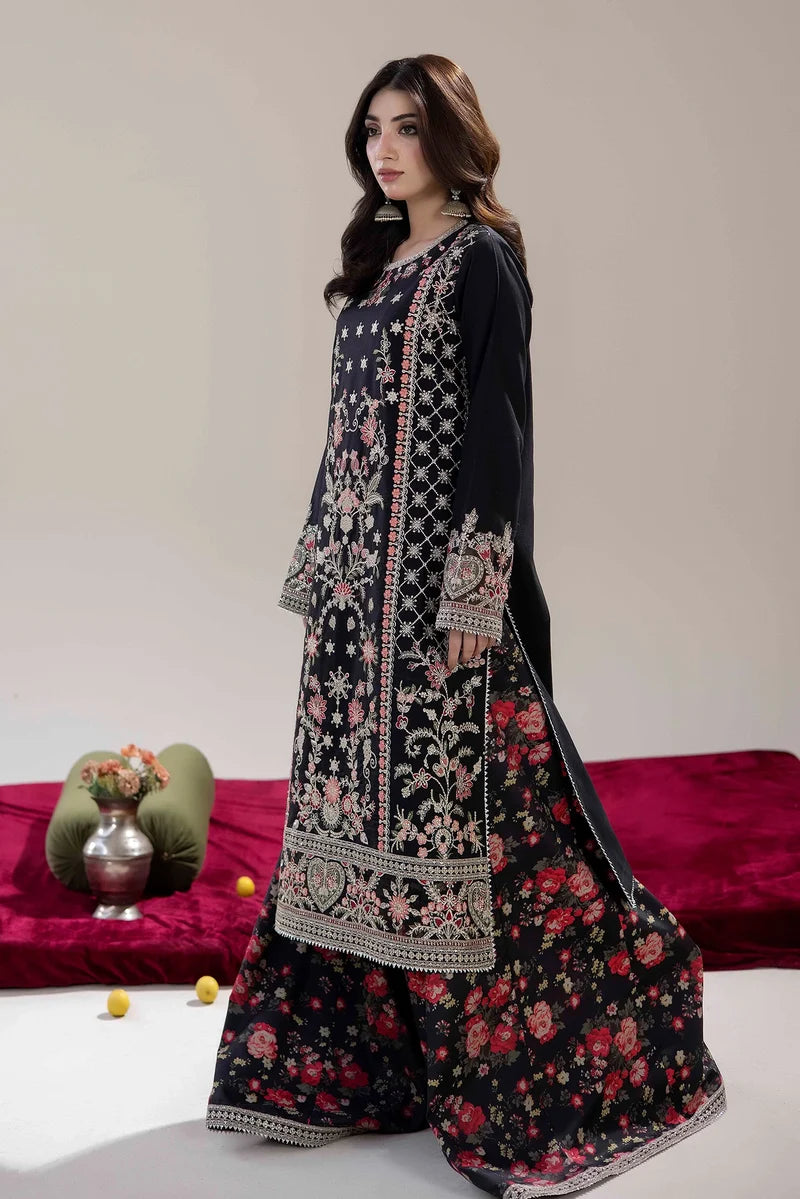 Adan's Libas Luxe Pret Embroidered Lawn 2-Piece Suit - Midnight Black & Coral Pink