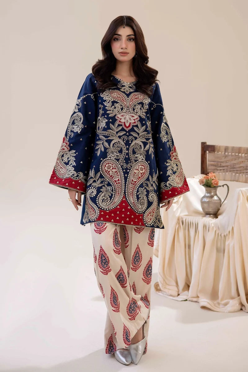 Adan's Libas Luxe Pret Embroidered Lawn 2-Piece Suit - Deep Navy & Crimson Red