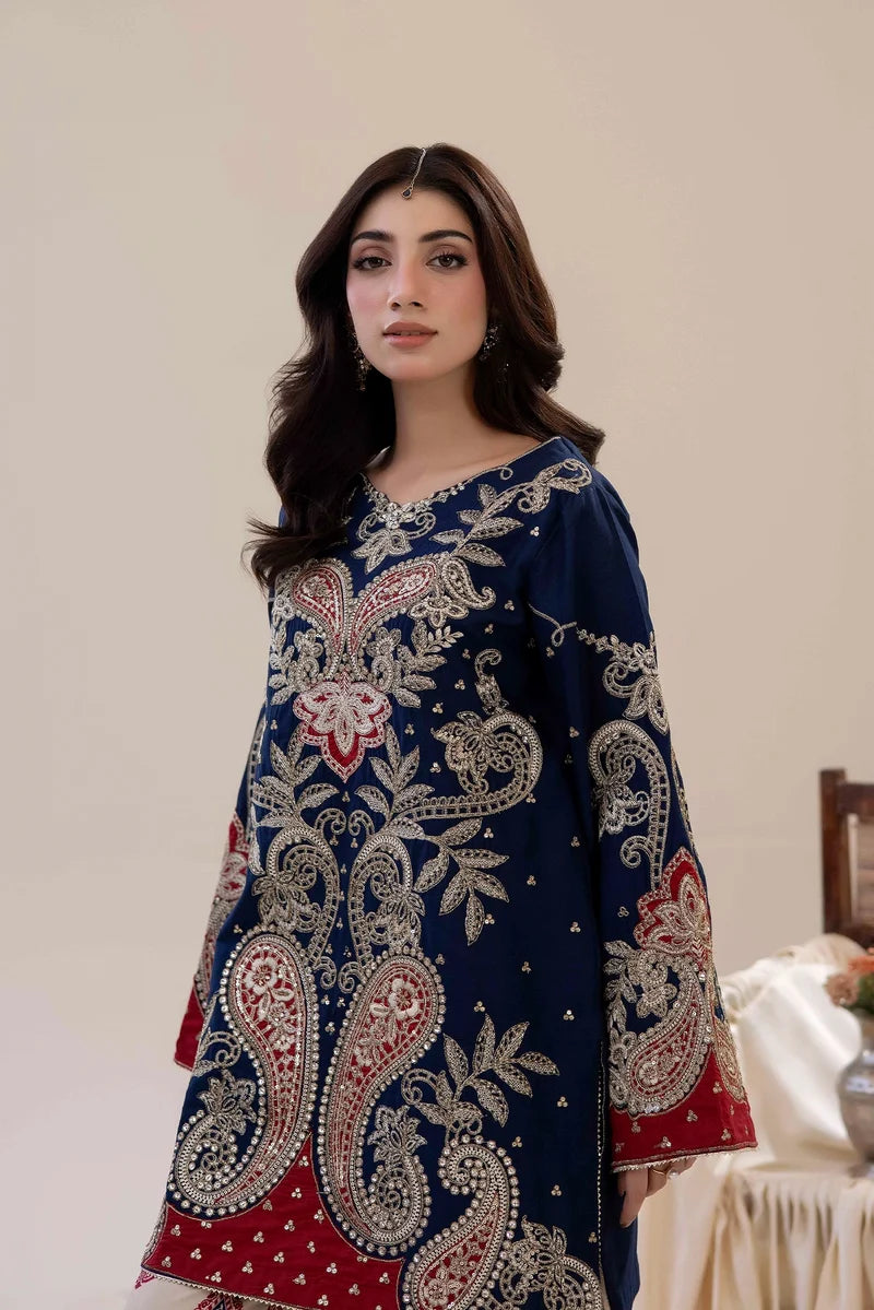 Adan's Libas Luxe Pret Embroidered Lawn 2-Piece Suit - Deep Navy & Crimson Red