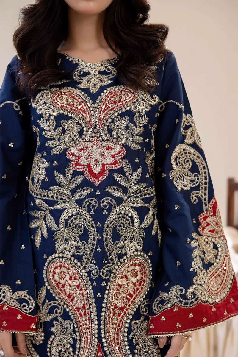 Adan's Libas Luxe Pret Embroidered Lawn 2-Piece Suit - Deep Navy & Crimson Red