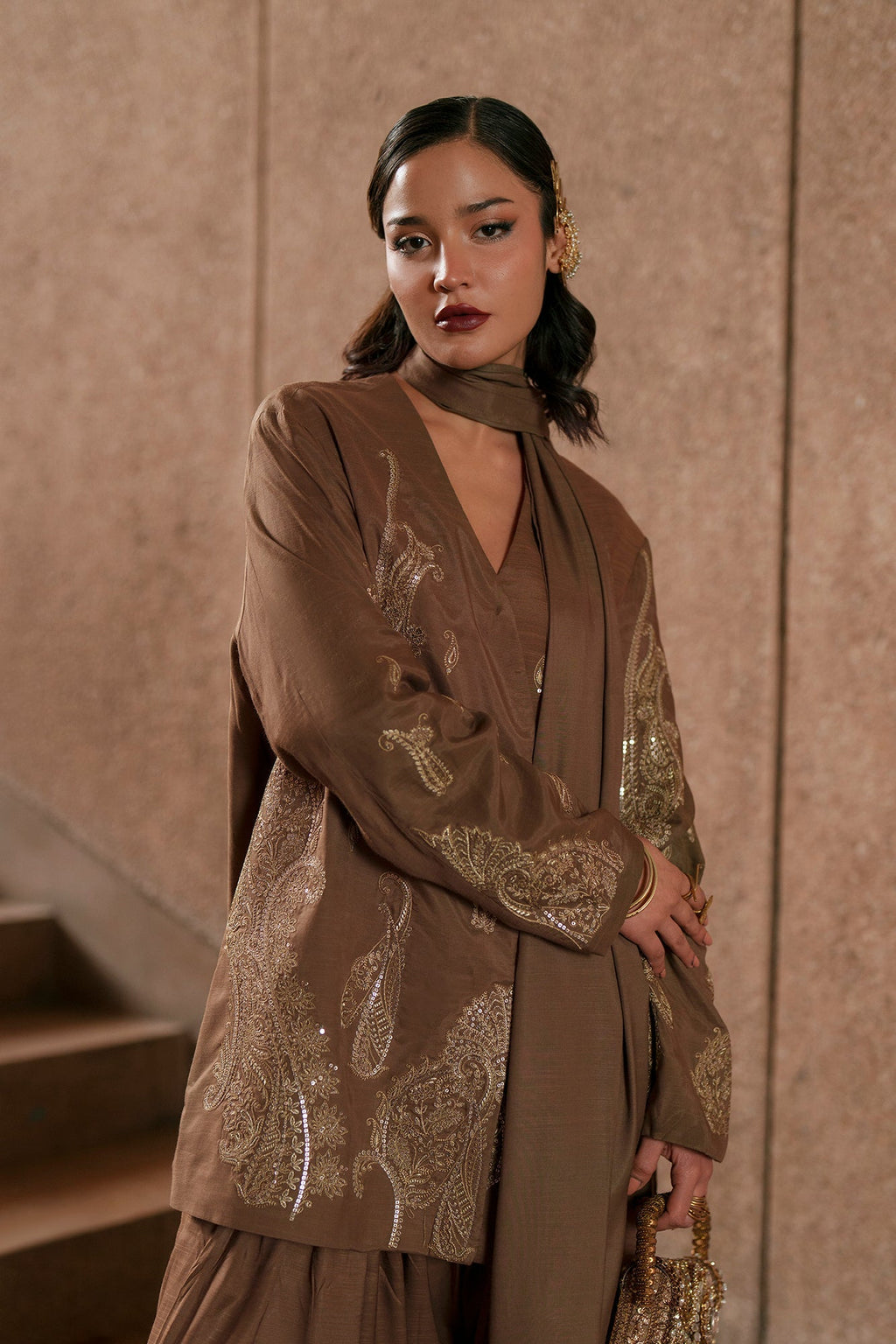 ETHNC Embroidered 3-Piece Stitched Luxury Suit with Matching Dupatta - Khaaki