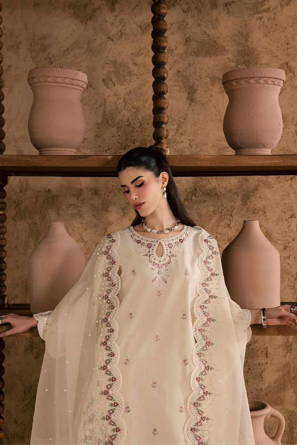 Gulposh by Misbah Embroidered 3-Piece Suit - Off-White Ivory