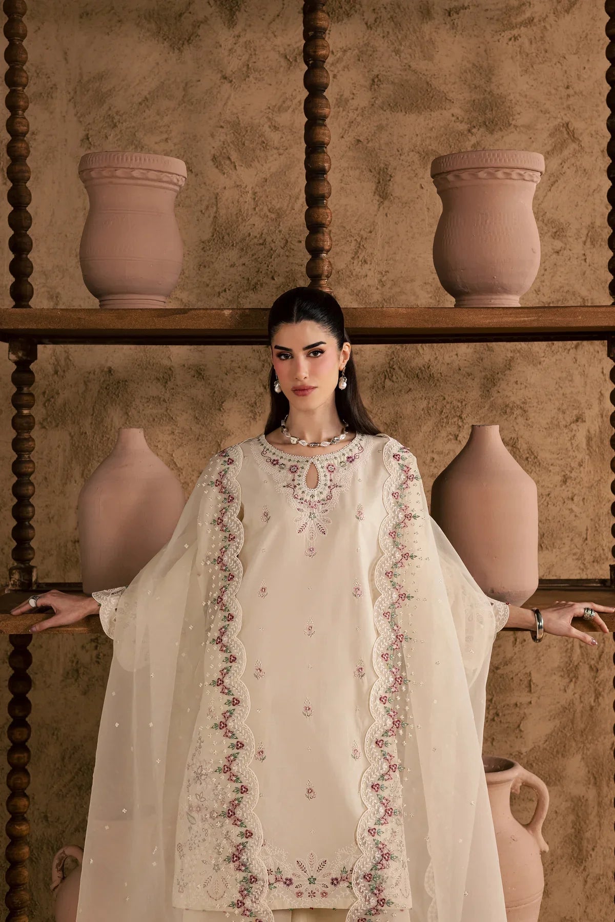 Gulposh by Misbah Embroidered 3-Piece Suit - Off-White Ivory
