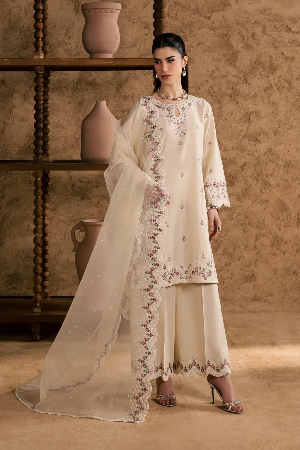 Gulposh by Misbah Embroidered 3-Piece Suit - Off-White Ivory