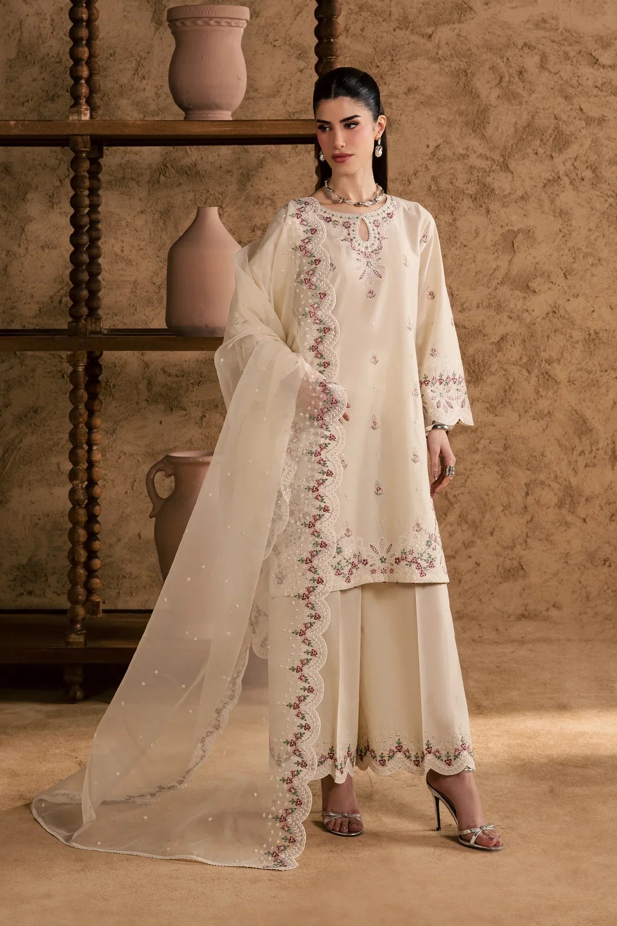 Gulposh by Misbah Embroidered 3-Piece Suit - Off-White Ivory