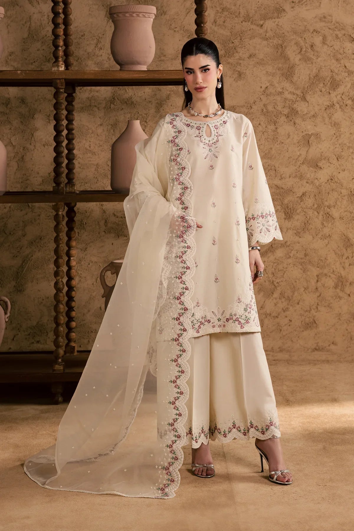 Gulposh by Misbah Embroidered 3-Piece Suit - Off-White Ivory