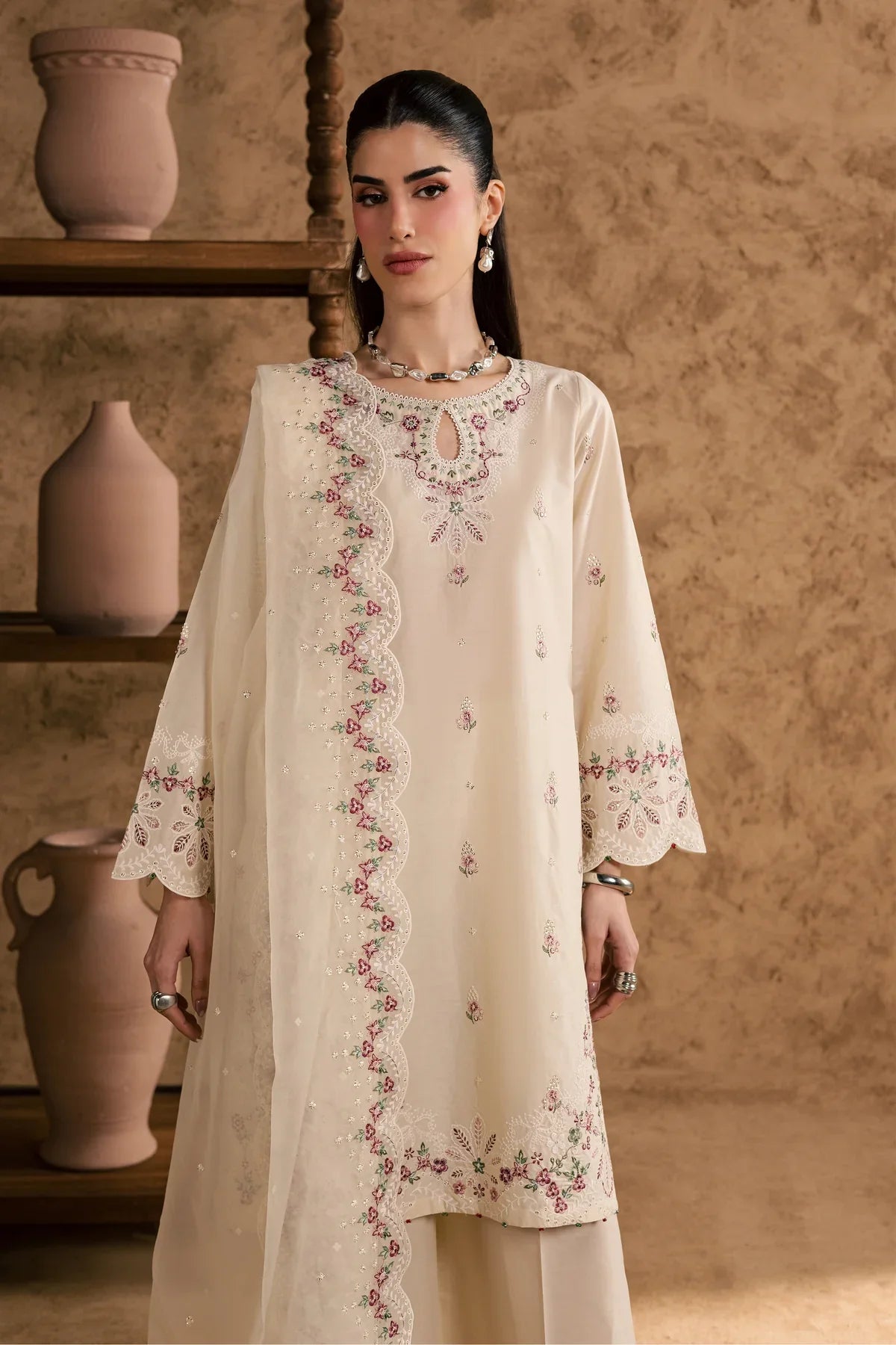 Gulposh by Misbah Embroidered 3-Piece Suit - Off-White Ivory