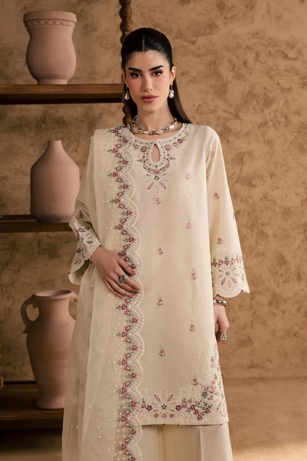 Gulposh by Misbah Embroidered 3-Piece Suit - Off-White Ivory
