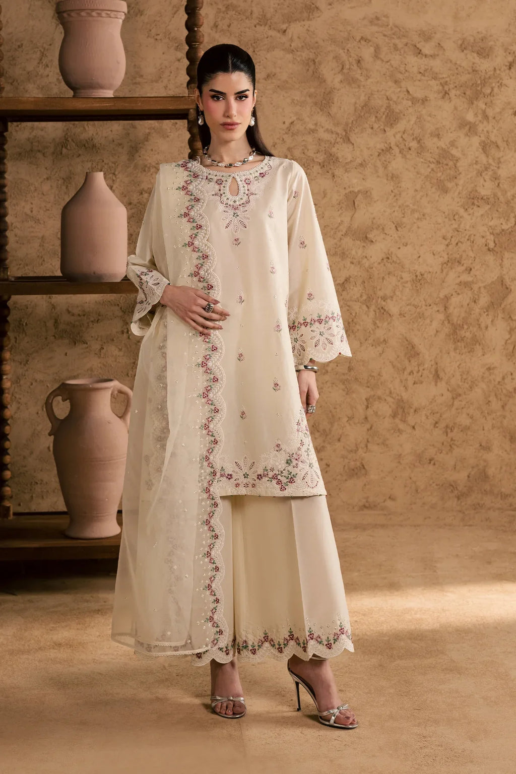 Gulposh by Misbah Embroidered 3-Piece Suit - Off-White Ivory