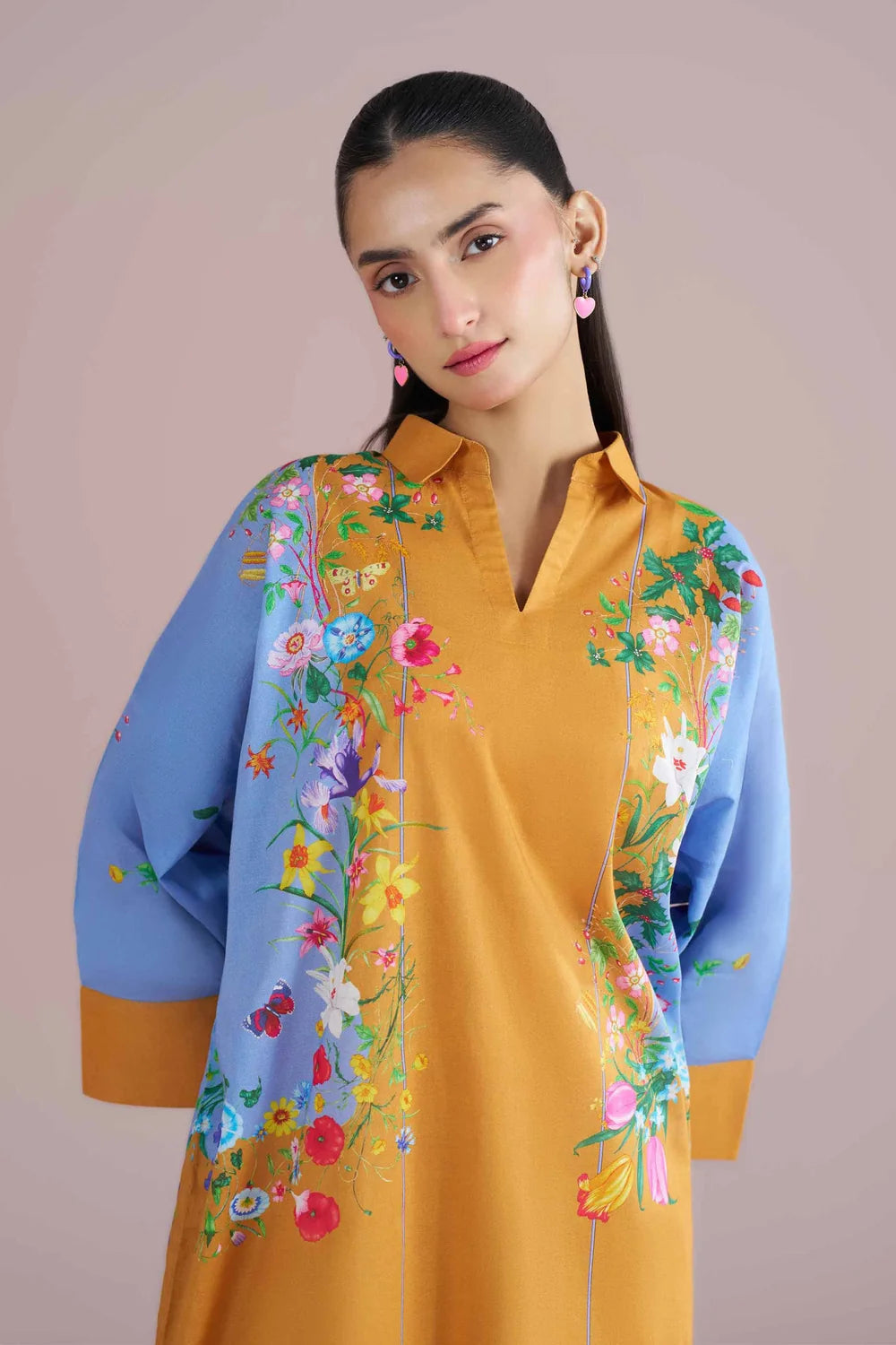 Nishat Linen 3-Piece Embroidered Cross Hatch Suit – Mustard Yellow & Sky Blue