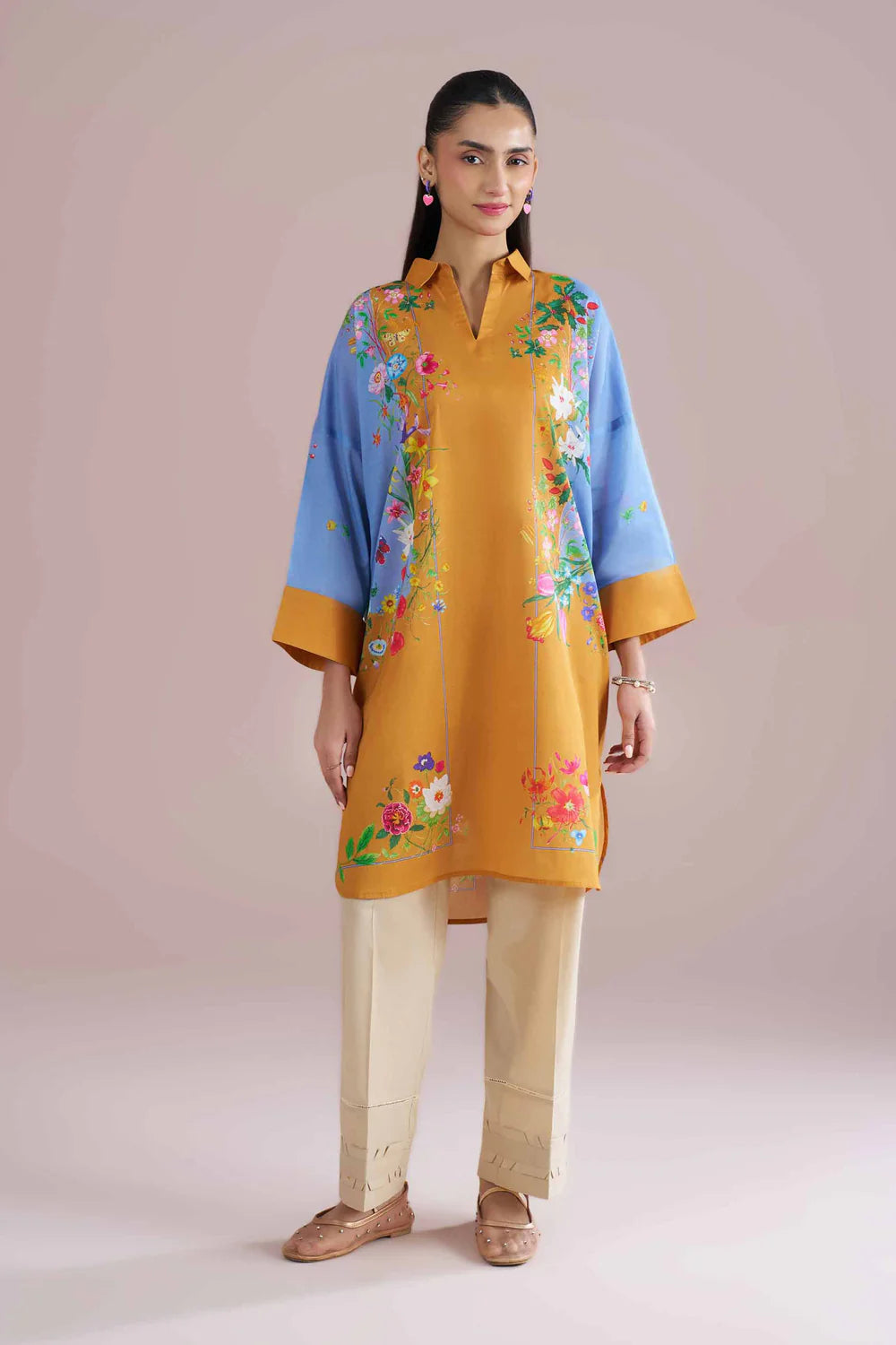 Nishat Linen 3-Piece Embroidered Cross Hatch Suit – Mustard Yellow & Sky Blue