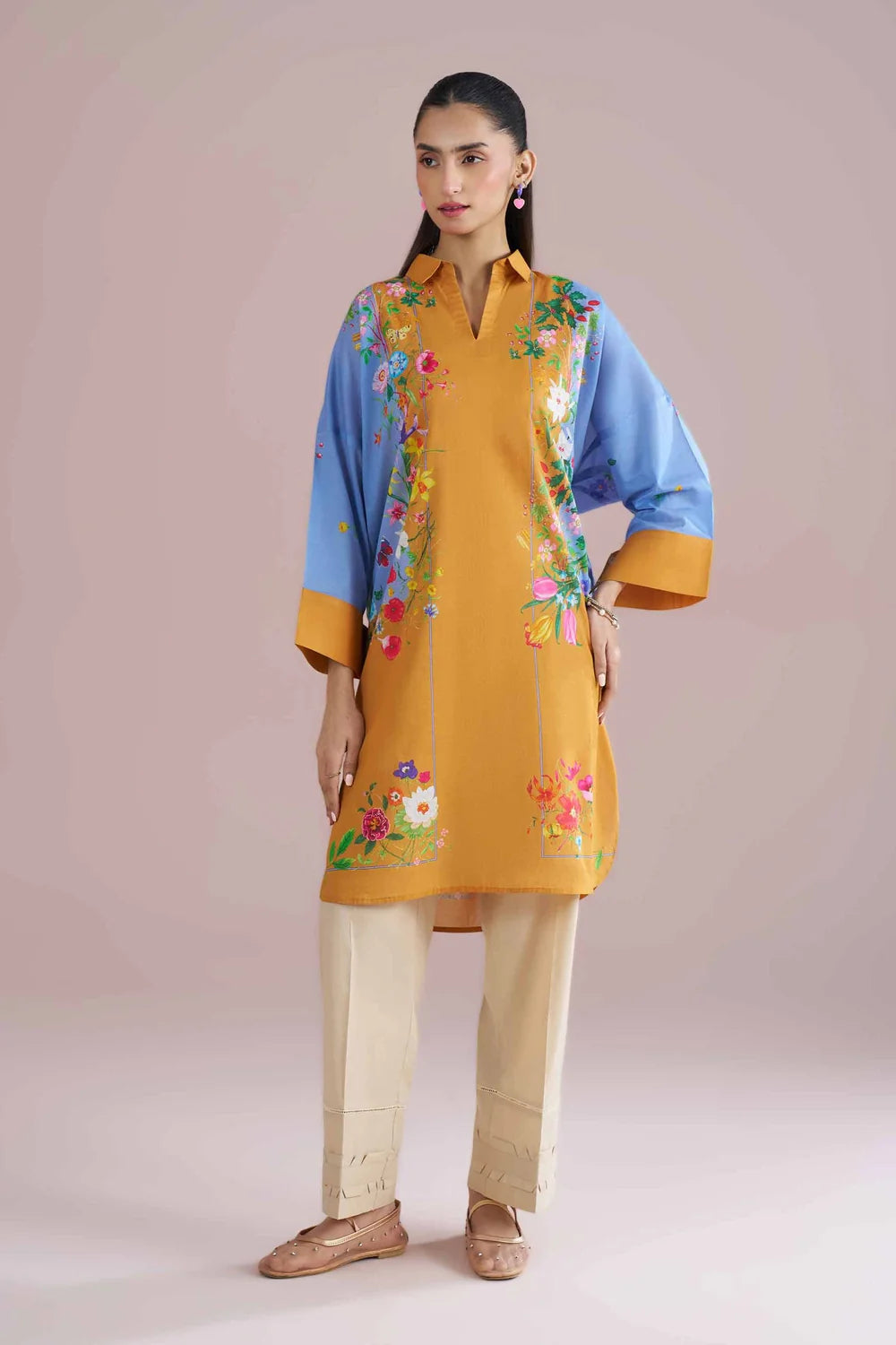 Nishat Linen 3-Piece Embroidered Cross Hatch Suit – Mustard Yellow & Sky Blue