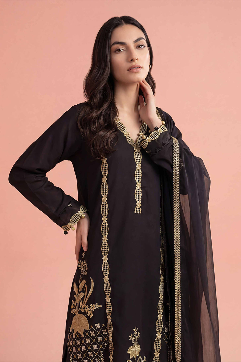 Nishat Linen 3-Piece Embroidered Festive Suit – Onyx Black & Gold