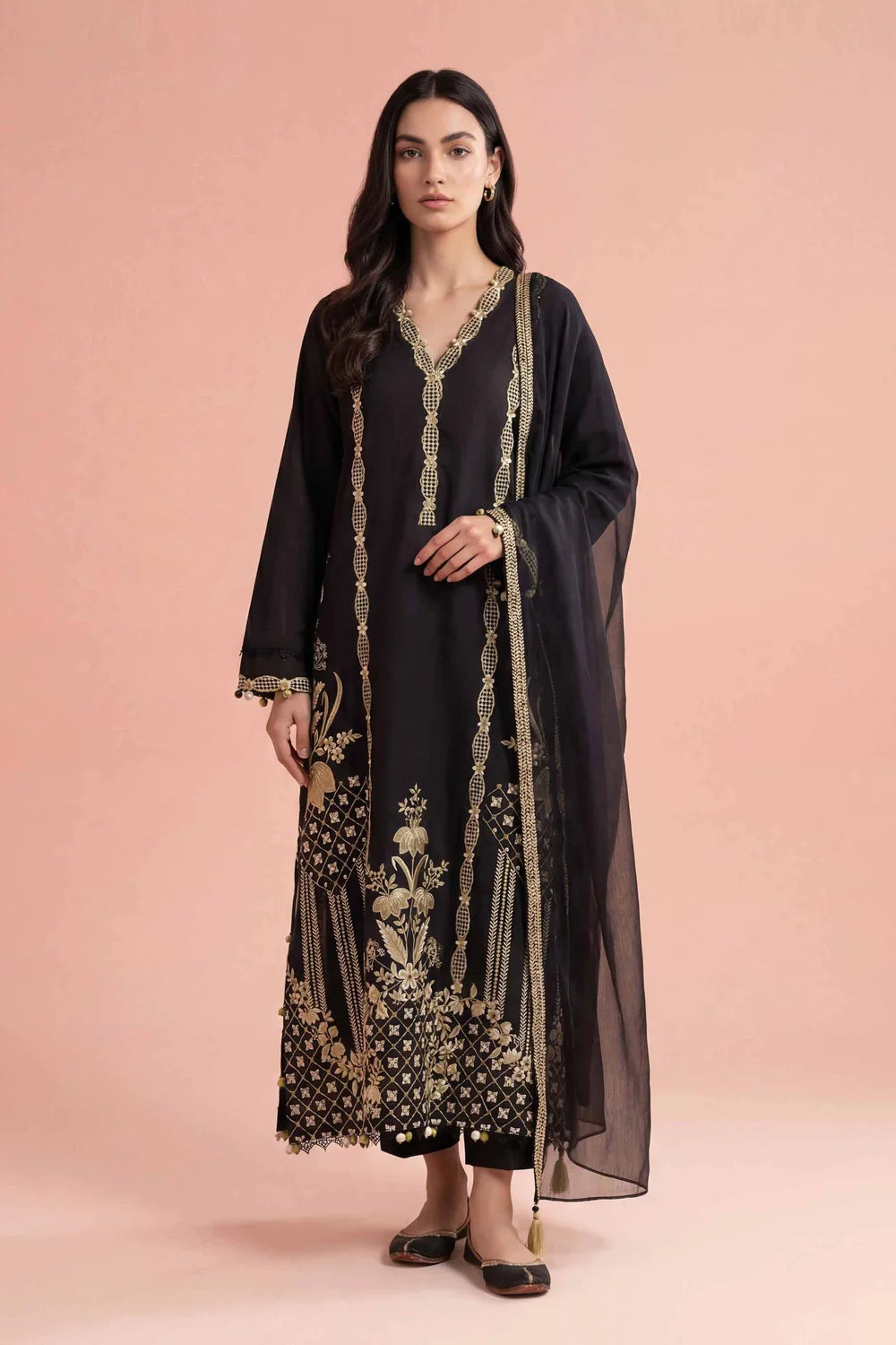 Nishat Linen 3-Piece Embroidered Festive Suit – Onyx Black & Gold