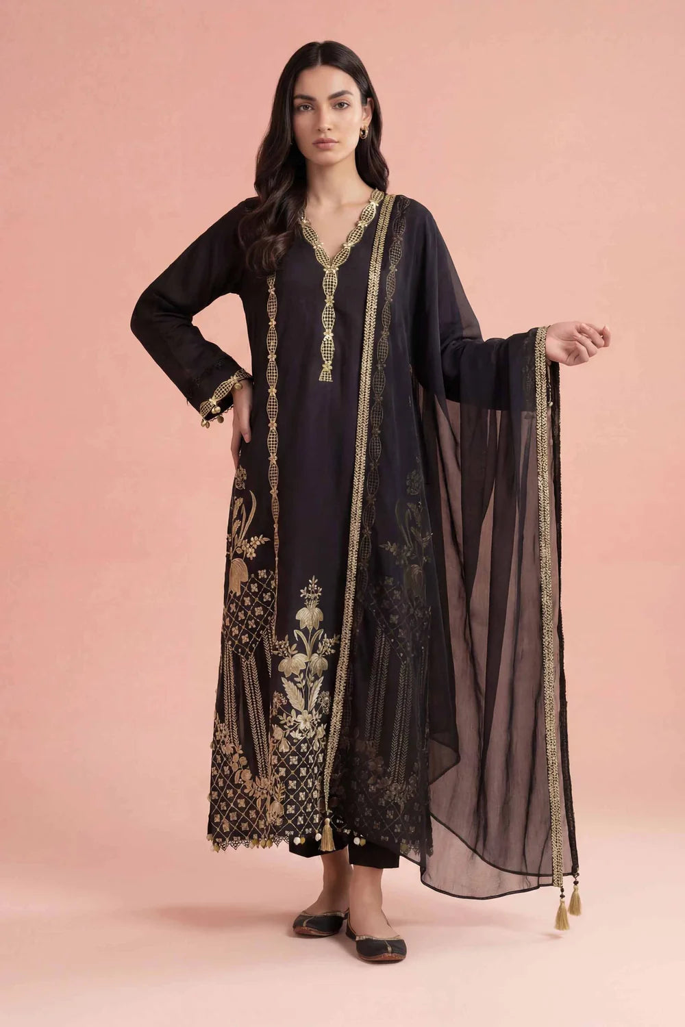 Nishat Linen 3-Piece Embroidered Festive Suit – Onyx Black & Gold