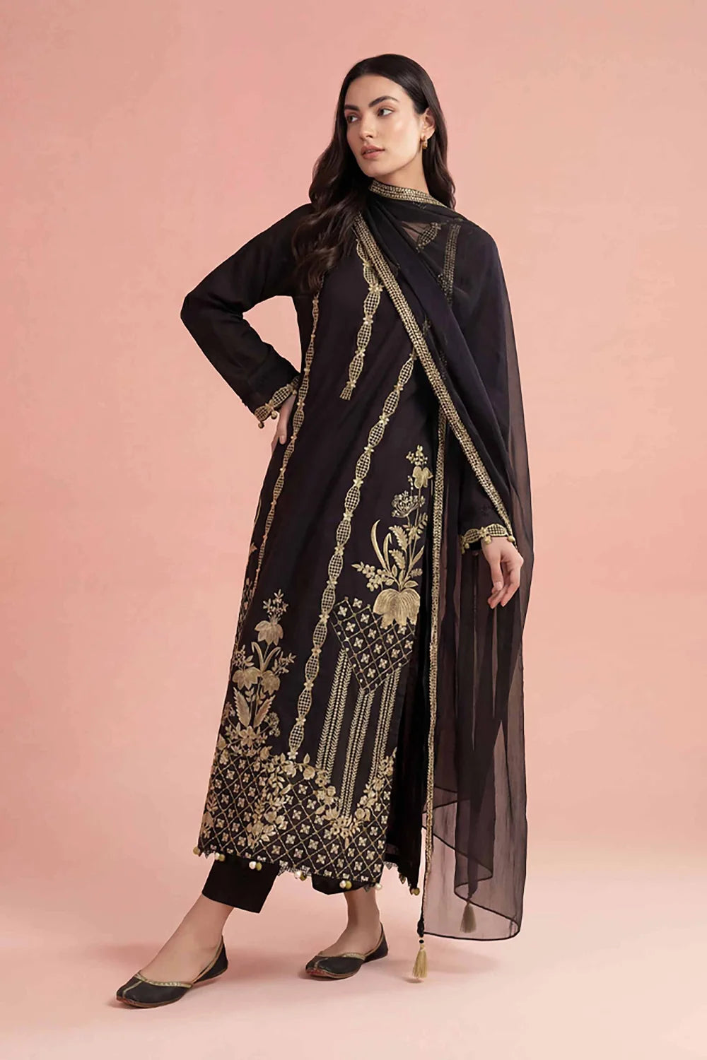 Nishat Linen 3-Piece Embroidered Festive Suit – Onyx Black & Gold