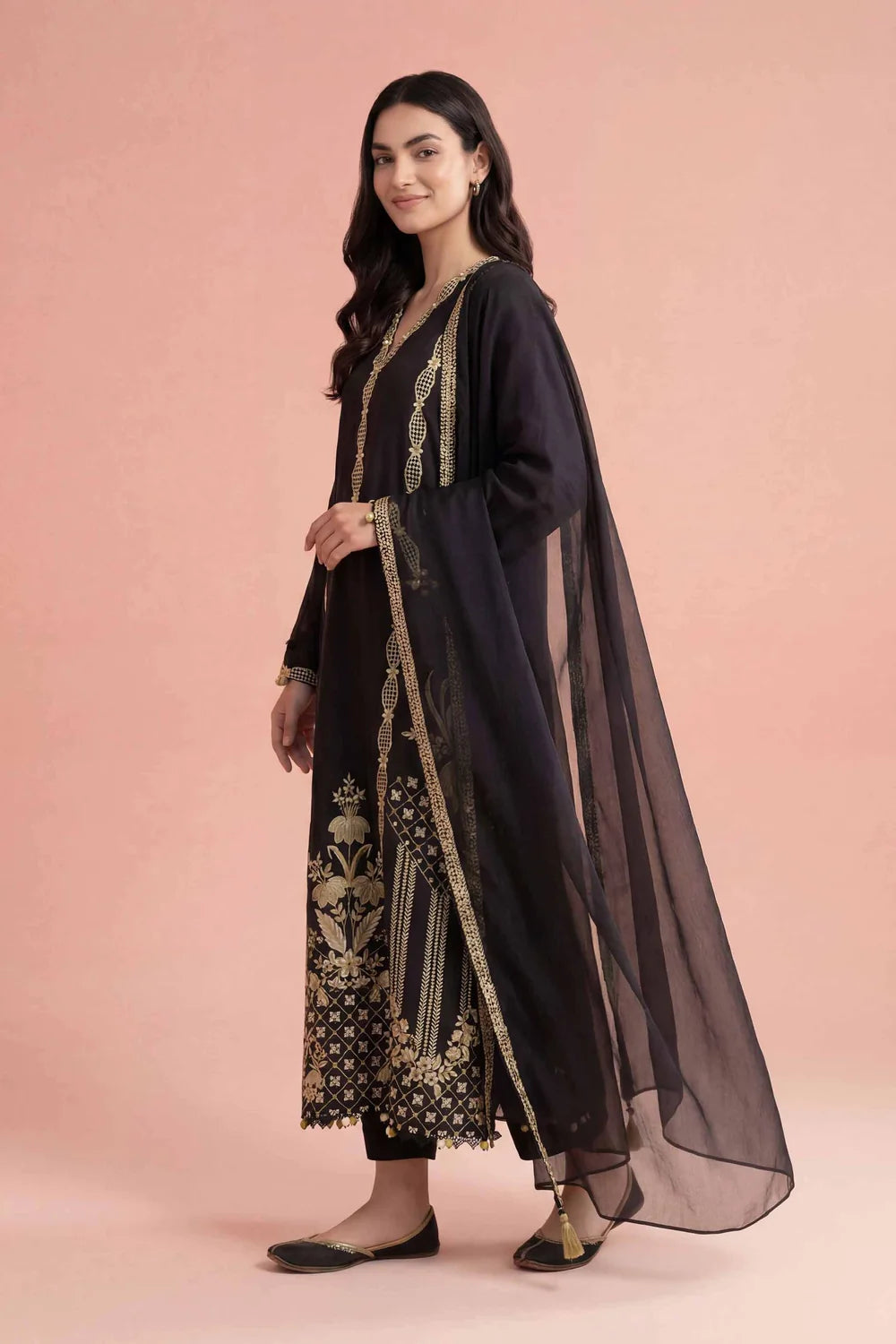 Nishat Linen 3-Piece Embroidered Festive Suit – Onyx Black & Gold