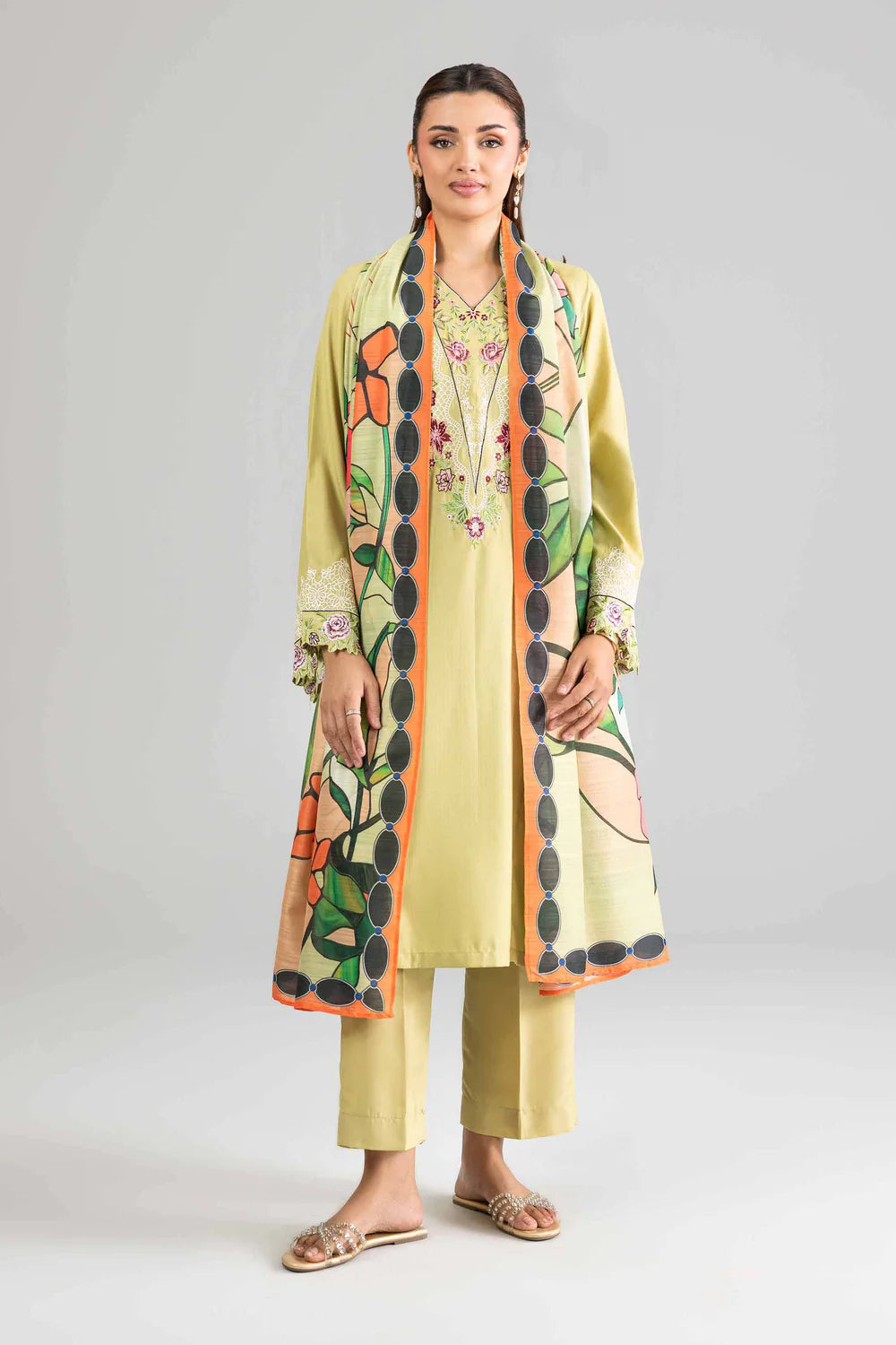 Nishat Linen 3-Piece Embroidered Cross Hatch Suit – Lime Green