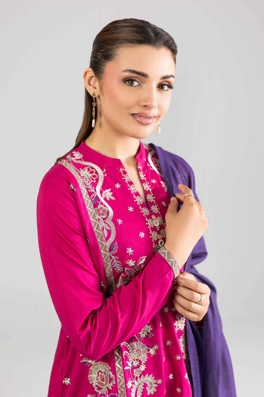 Nishat Linen 3-Piece Embroidered Cross Hatch Suit – Magenta Pink