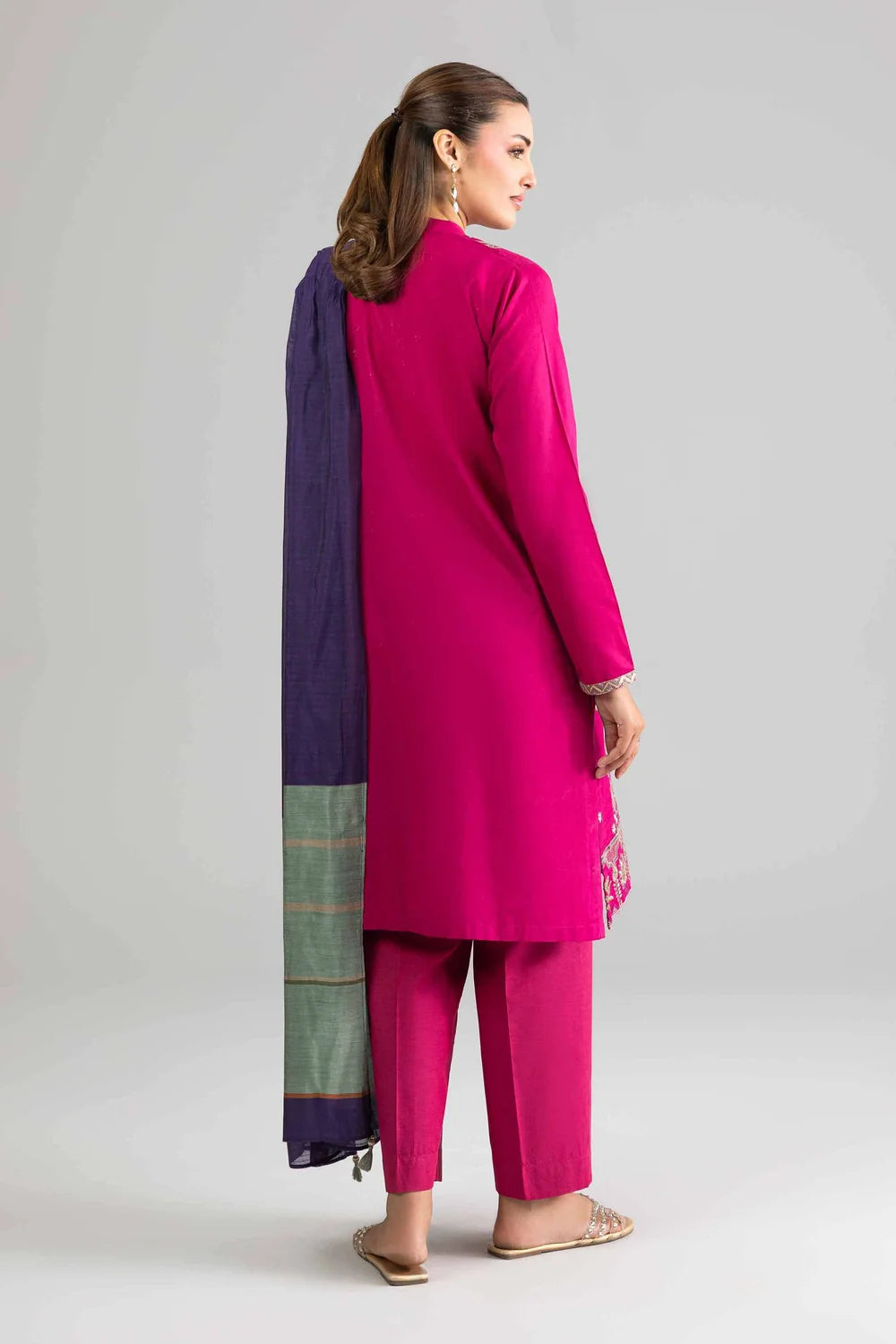 Nishat Linen 3-Piece Embroidered Cross Hatch Suit – Magenta Pink