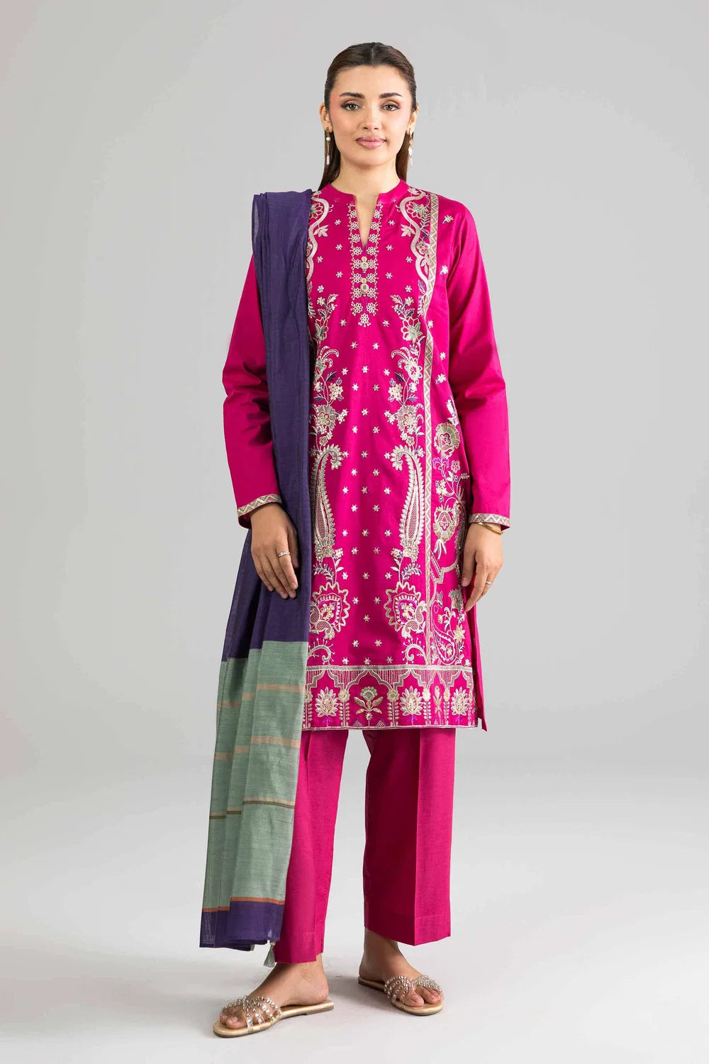 Nishat Linen 3-Piece Embroidered Cross Hatch Suit – Magenta Pink