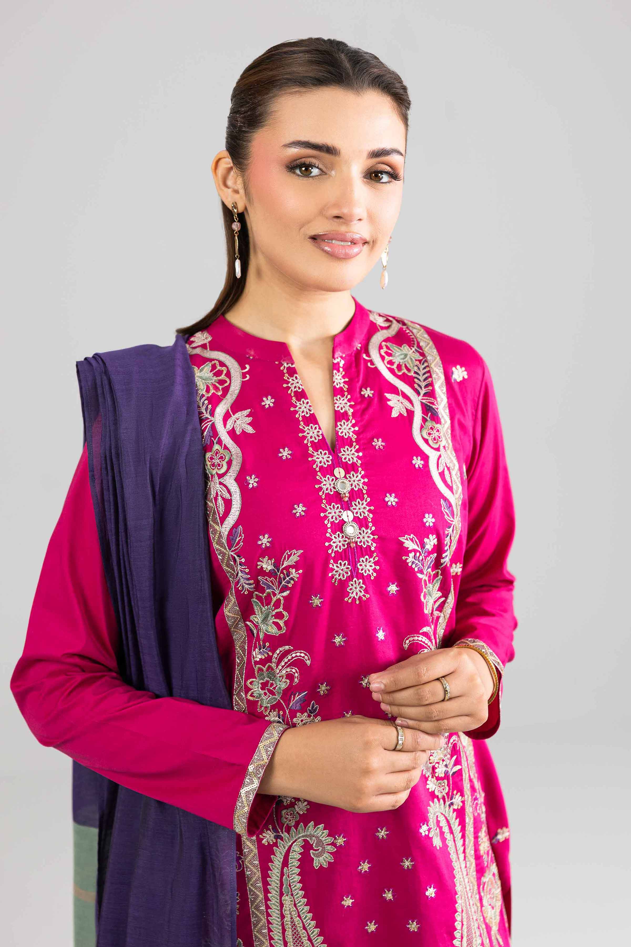 Nishat Linen 3-Piece Embroidered Cross Hatch Suit – Magenta Pink
