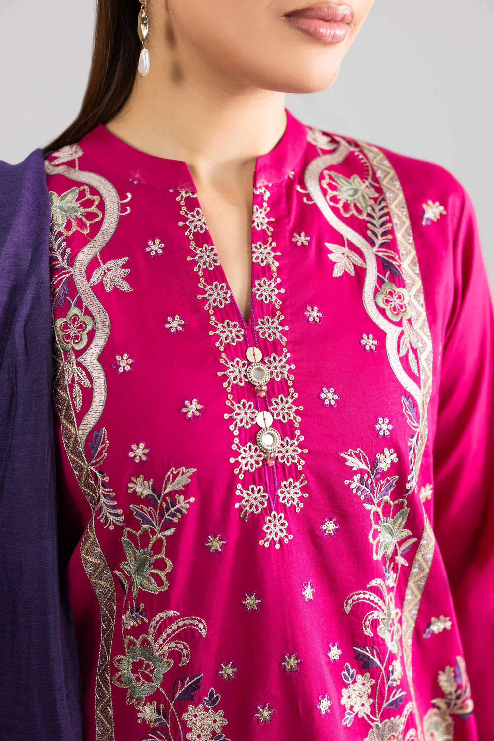Nishat Linen 3-Piece Embroidered Cross Hatch Suit – Magenta Pink