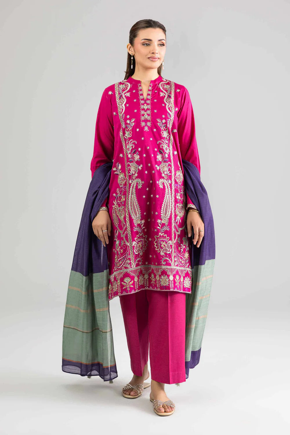 Nishat Linen 3-Piece Embroidered Cross Hatch Suit – Magenta Pink