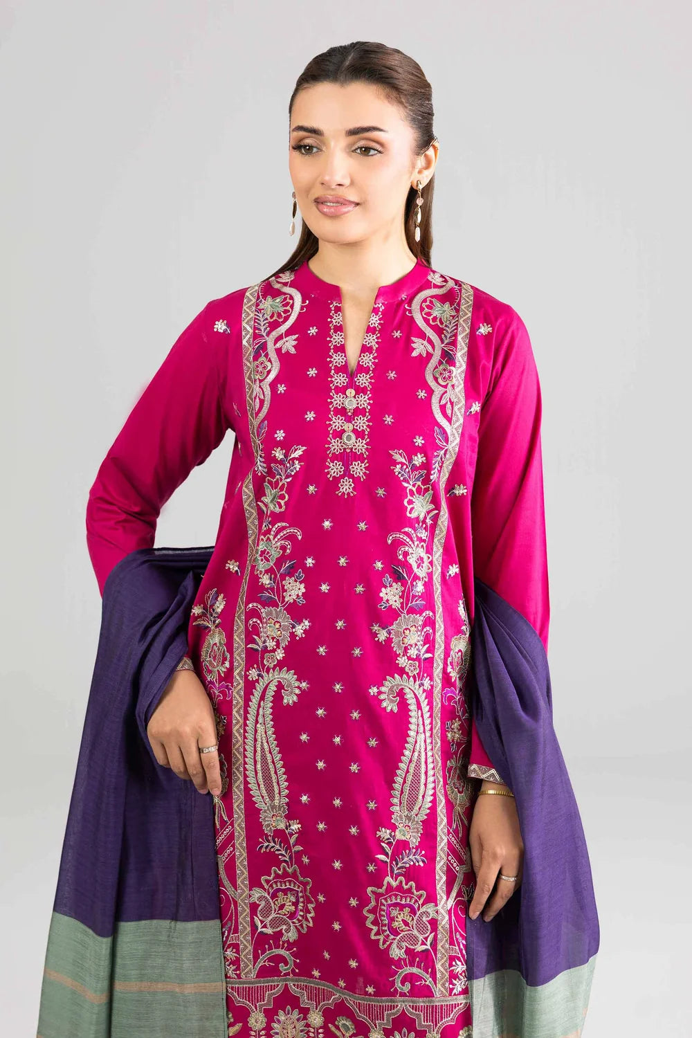 Nishat Linen 3-Piece Embroidered Cross Hatch Suit – Magenta Pink
