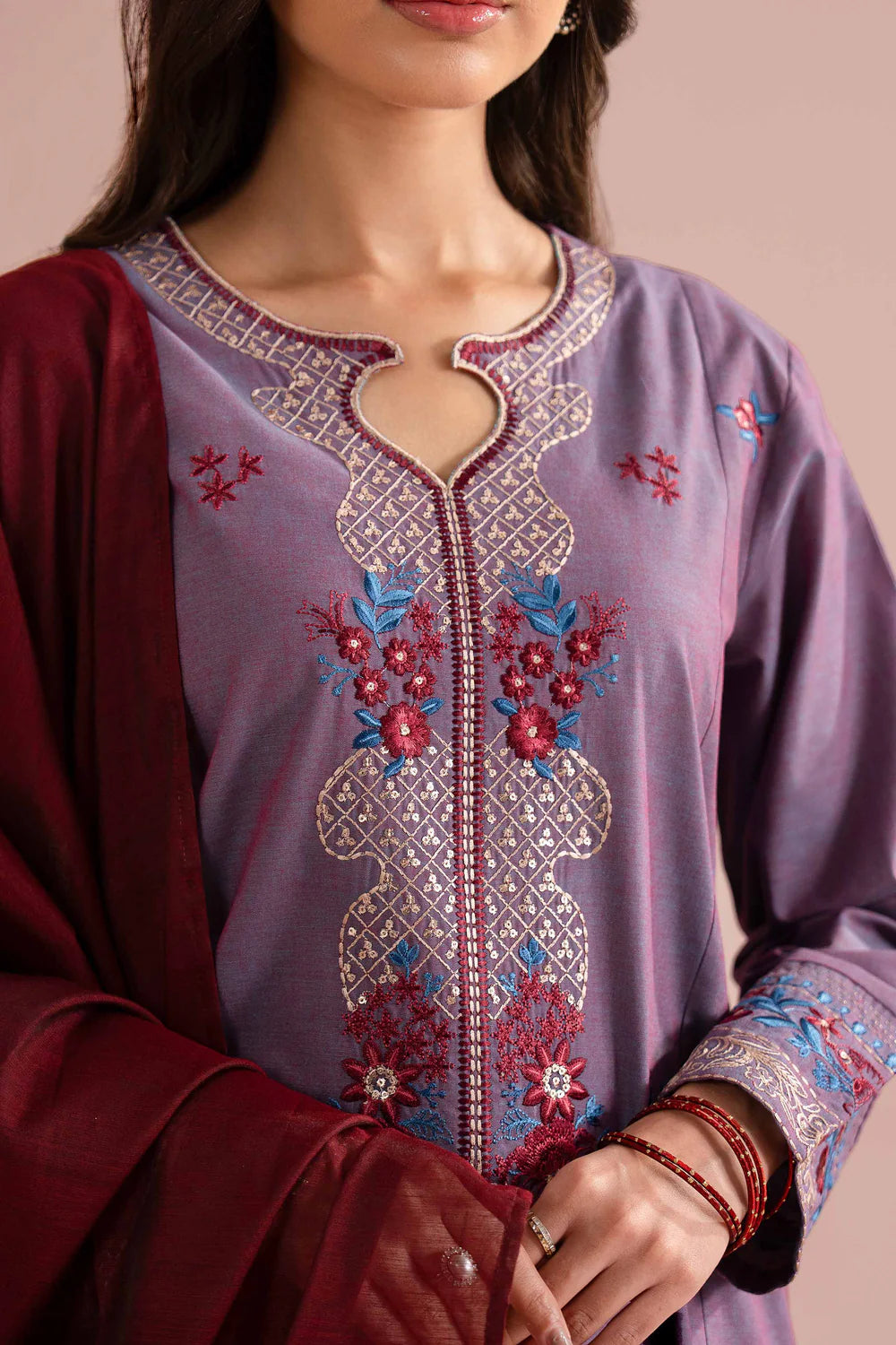 Nishat Linen 3-Piece Embroidered Cross Hatch Suit – Mauve Purple