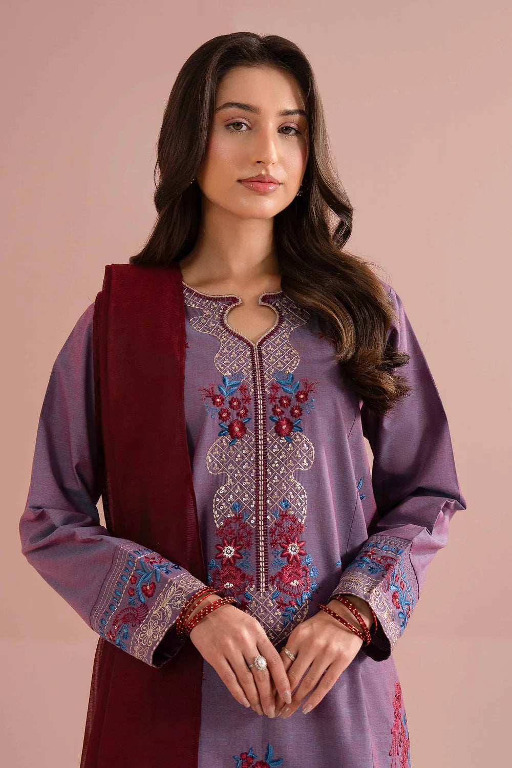 Nishat Linen 3-Piece Embroidered Cross Hatch Suit – Mauve Purple