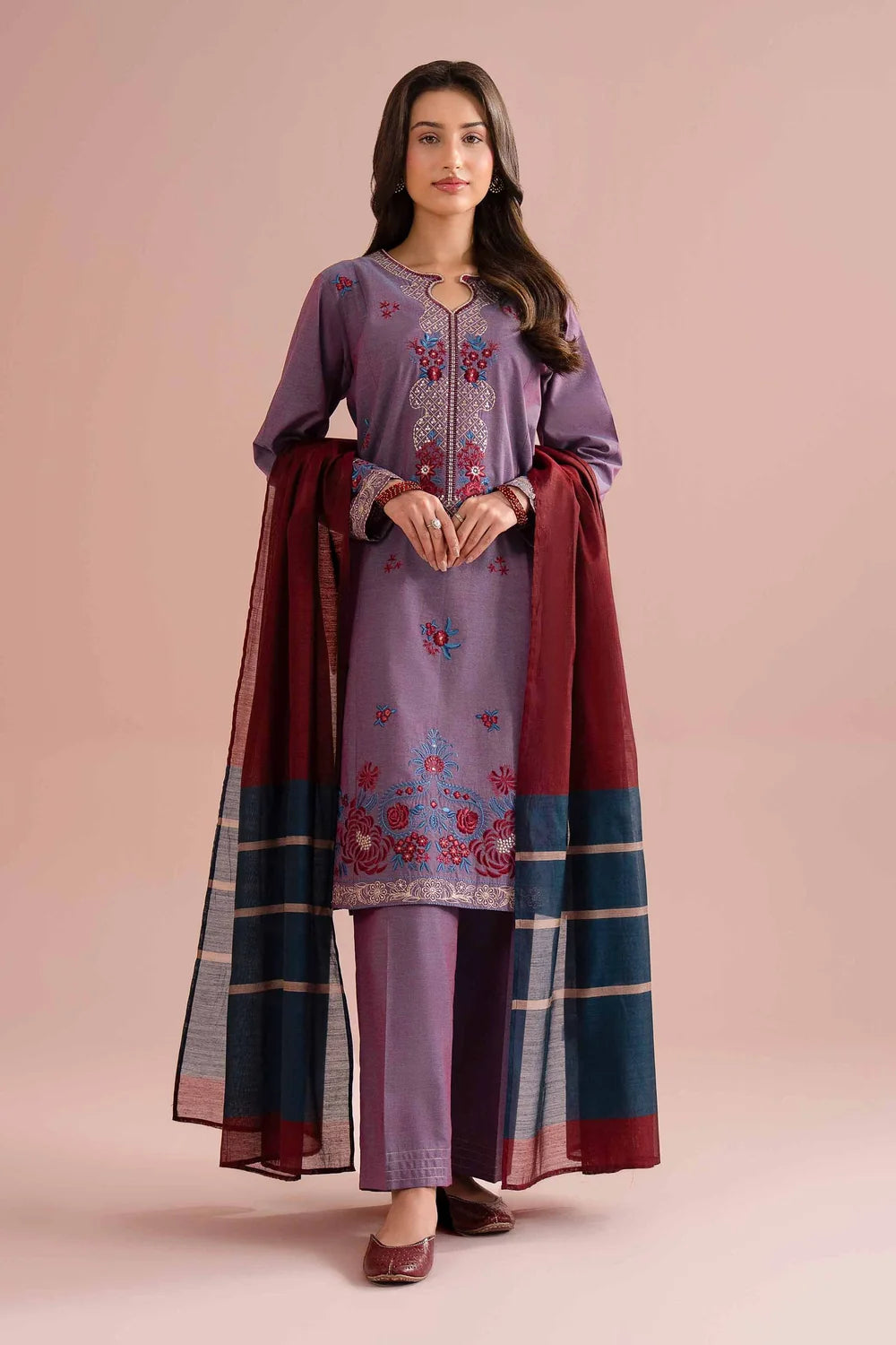 Nishat Linen 3-Piece Embroidered Cross Hatch Suit – Mauve Purple