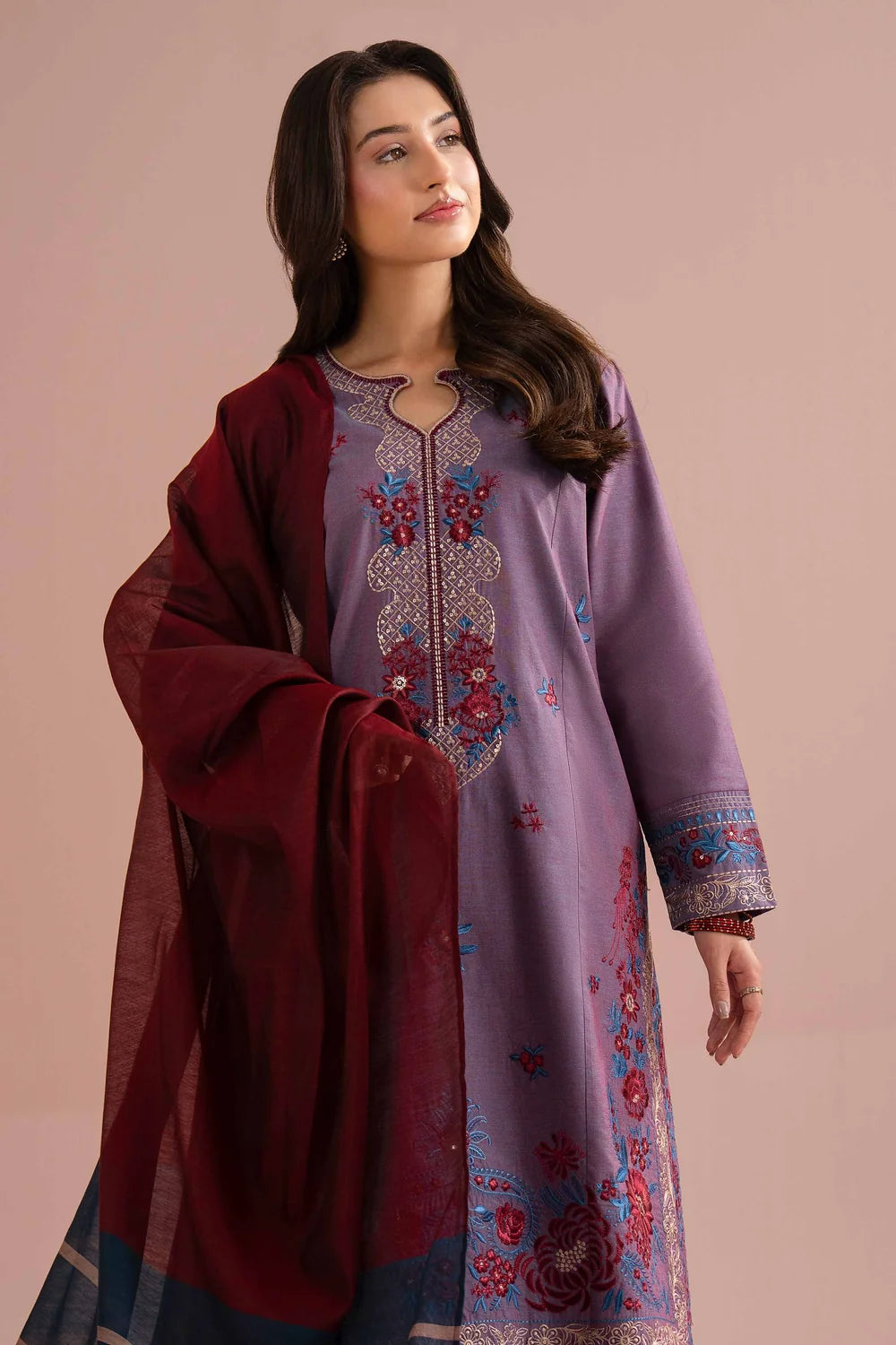 Nishat Linen 3-Piece Embroidered Cross Hatch Suit – Mauve Purple