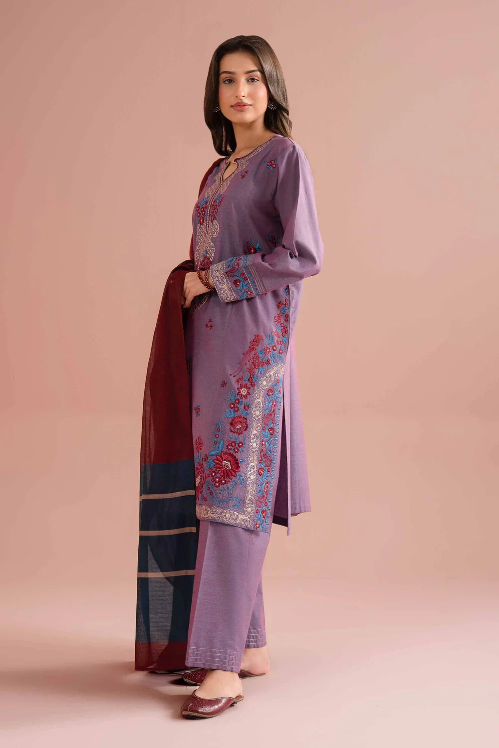 Nishat Linen 3-Piece Embroidered Cross Hatch Suit – Mauve Purple