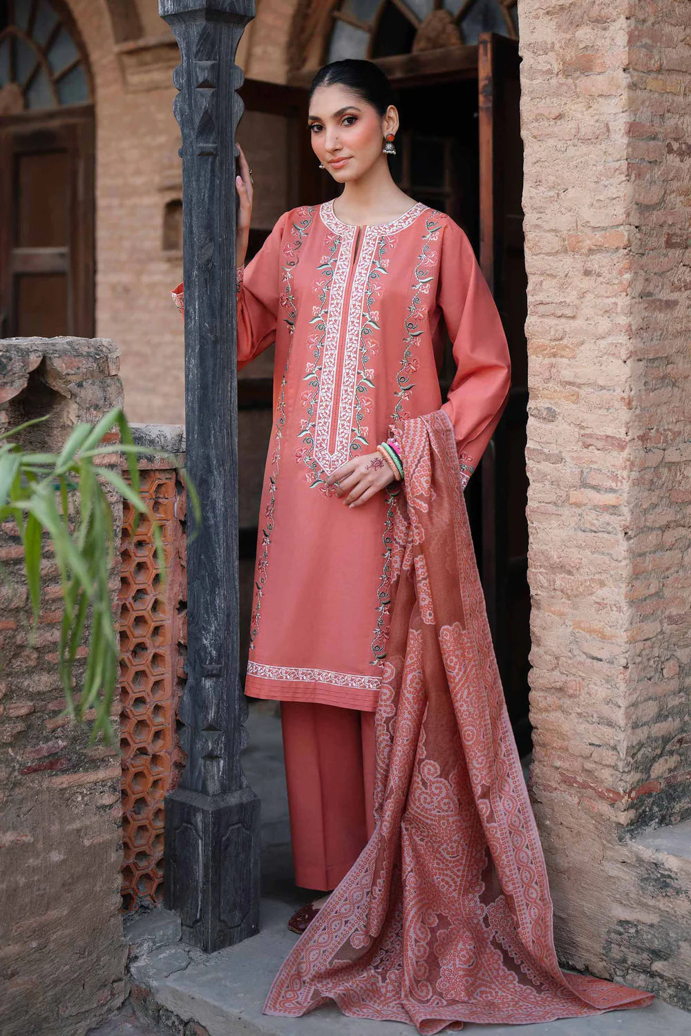 Nishat Linen 3-Piece Embroidered Lawn Suit – Soft Peach & Coral