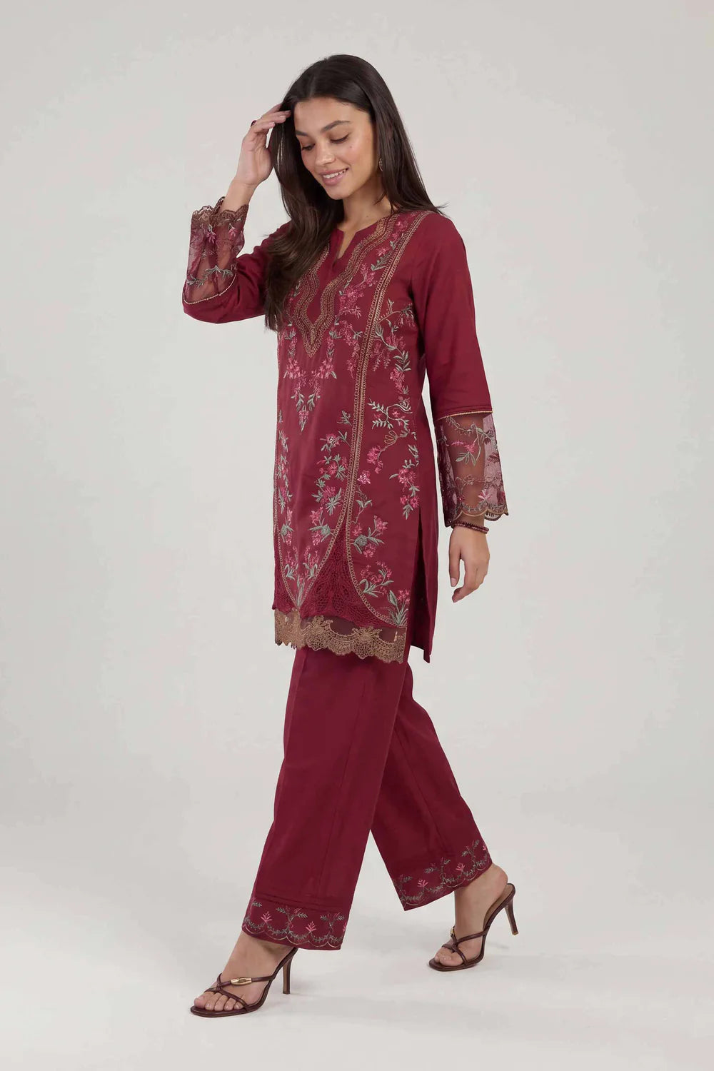 Nishat Linen 2-Piece Embroidered Tunic & Trousers Suit – Deep Maroon