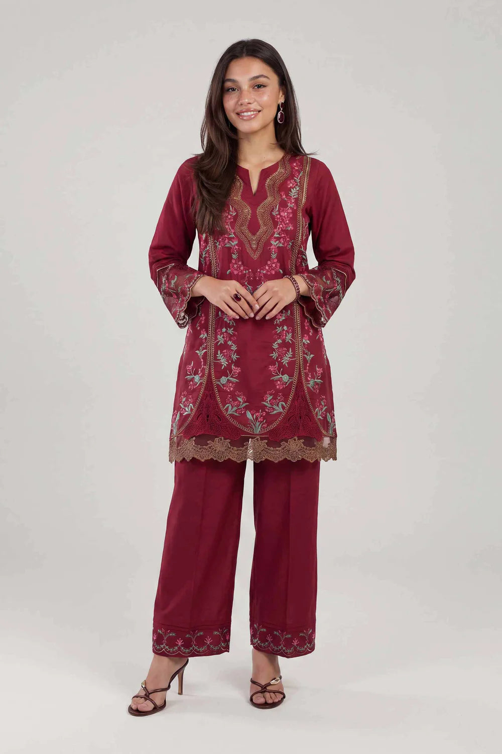 Nishat Linen 2-Piece Embroidered Tunic & Trousers Suit – Deep Maroon