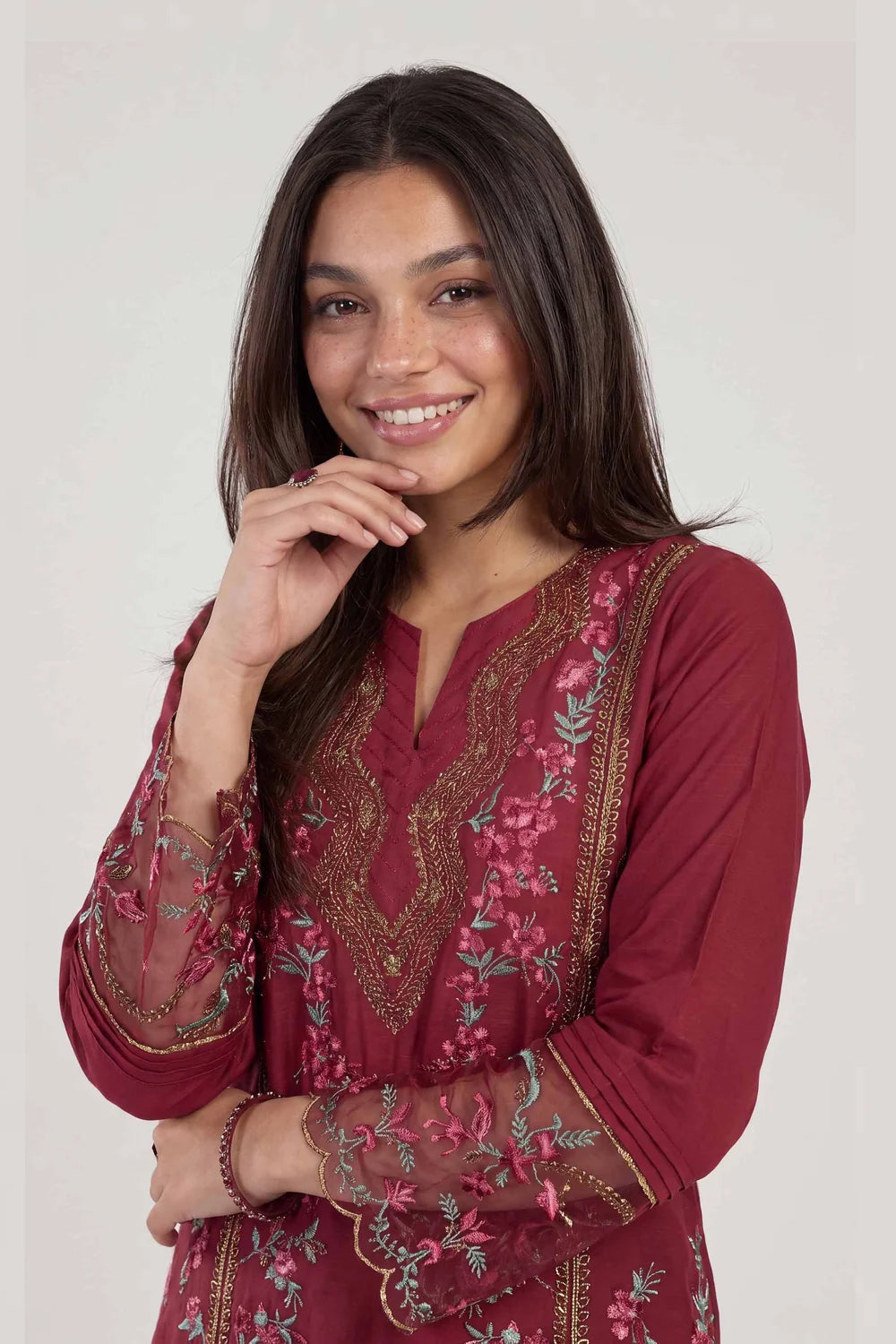 Nishat Linen 2-Piece Embroidered Tunic & Trousers Suit – Deep Maroon
