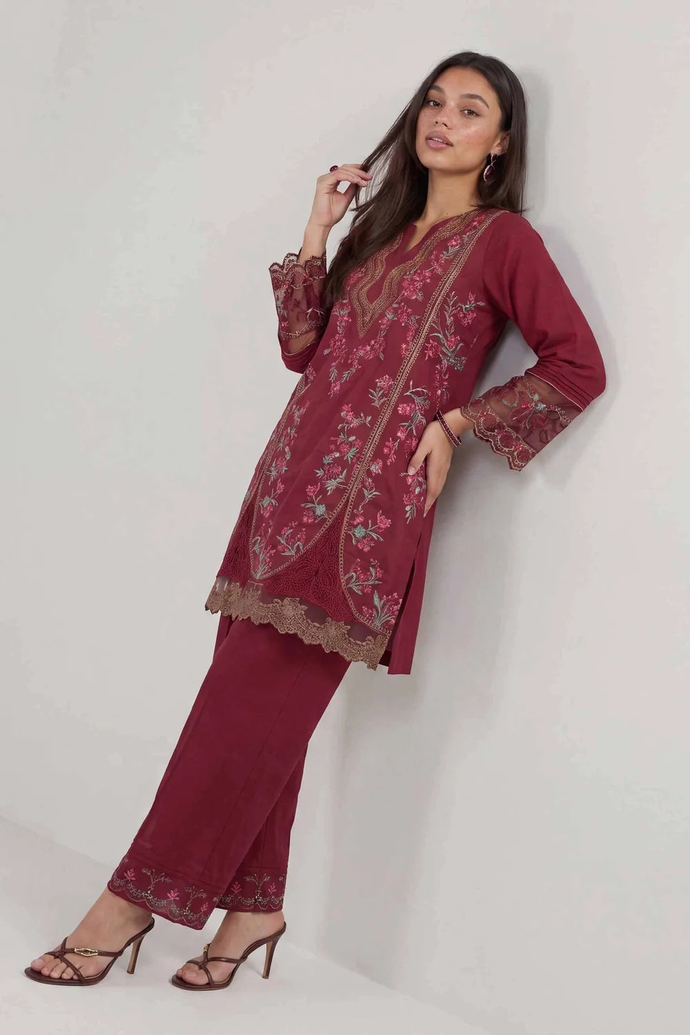 Nishat Linen 2-Piece Embroidered Tunic & Trousers Suit – Deep Maroon