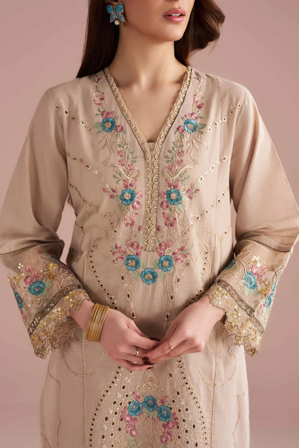 Nishat Linen 2-Piece Embroidered Festive Suit – Soft Beige & Multi